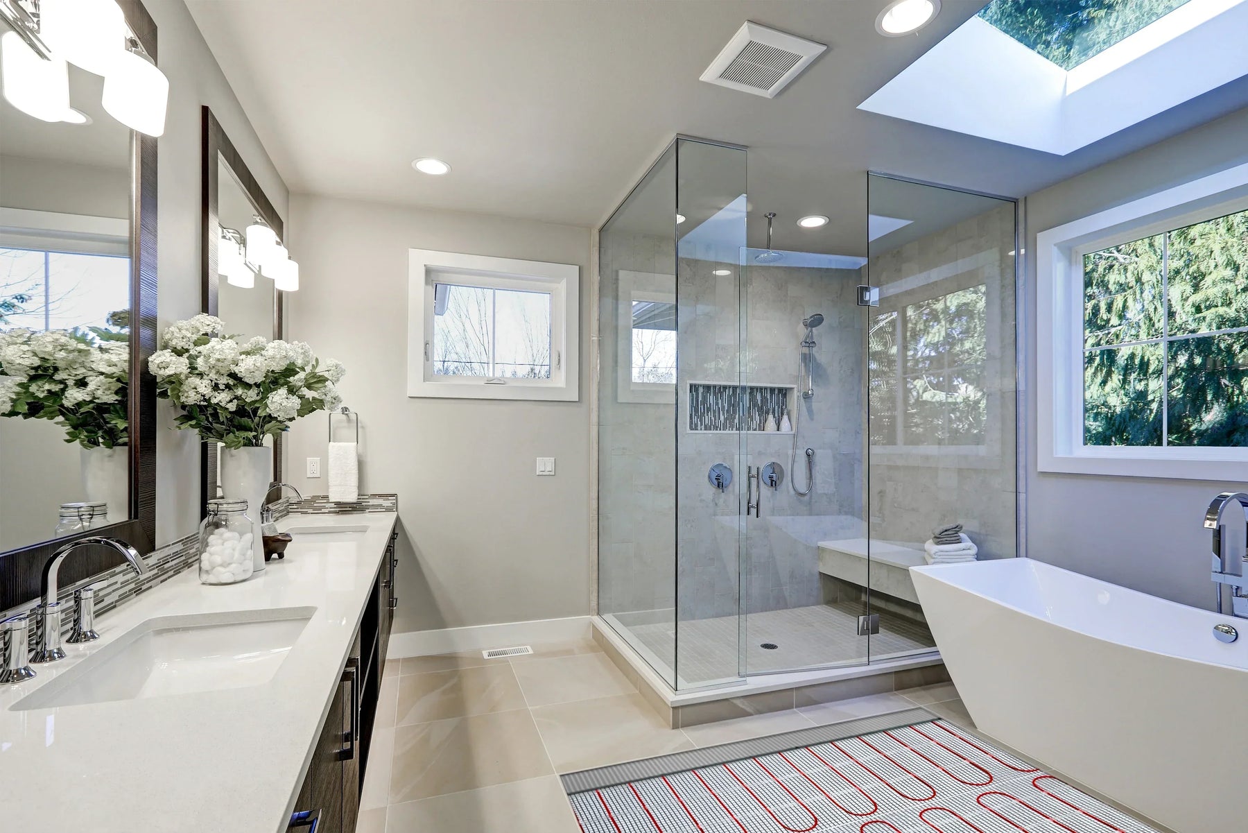Heated bathroom floor cost blog banner featuring a luxurious modern bathroom with floor heating.