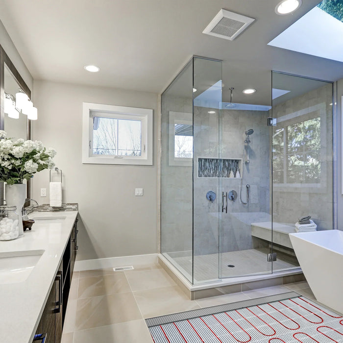Heated bathroom floor cost blog banner featuring a luxurious modern bathroom with floor heating.