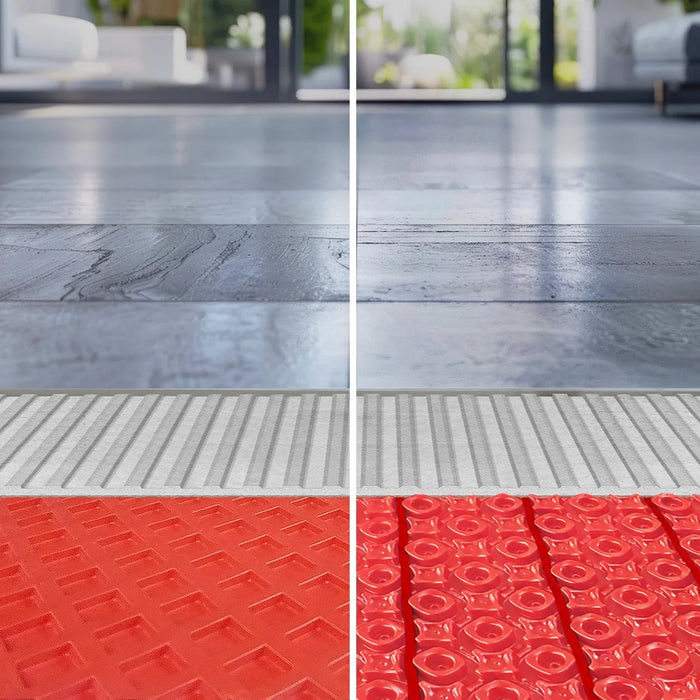 Underfloor heating mats and cables under tile floor.