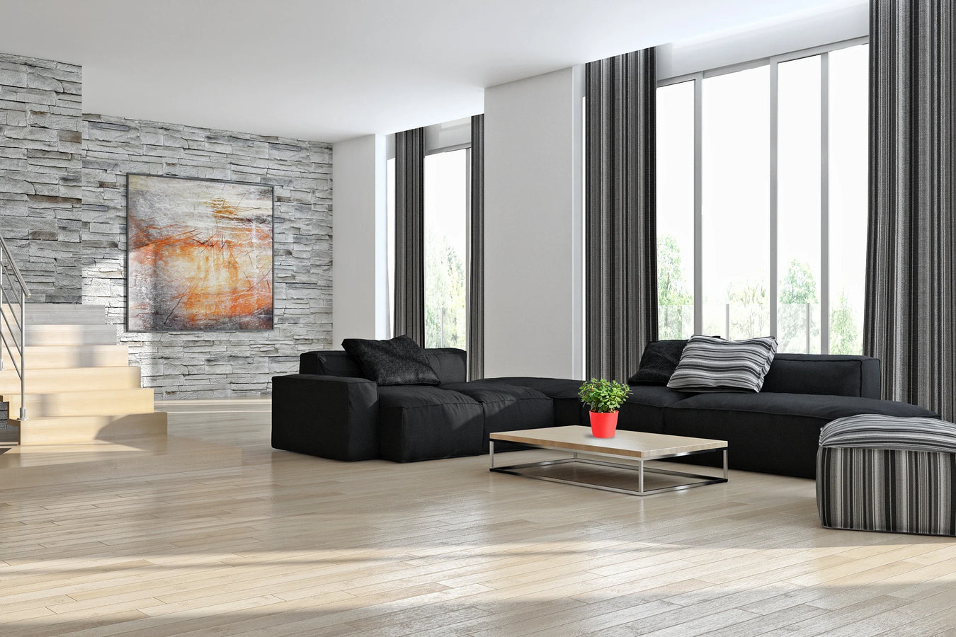 Living room with electric floor heating in new luxury home