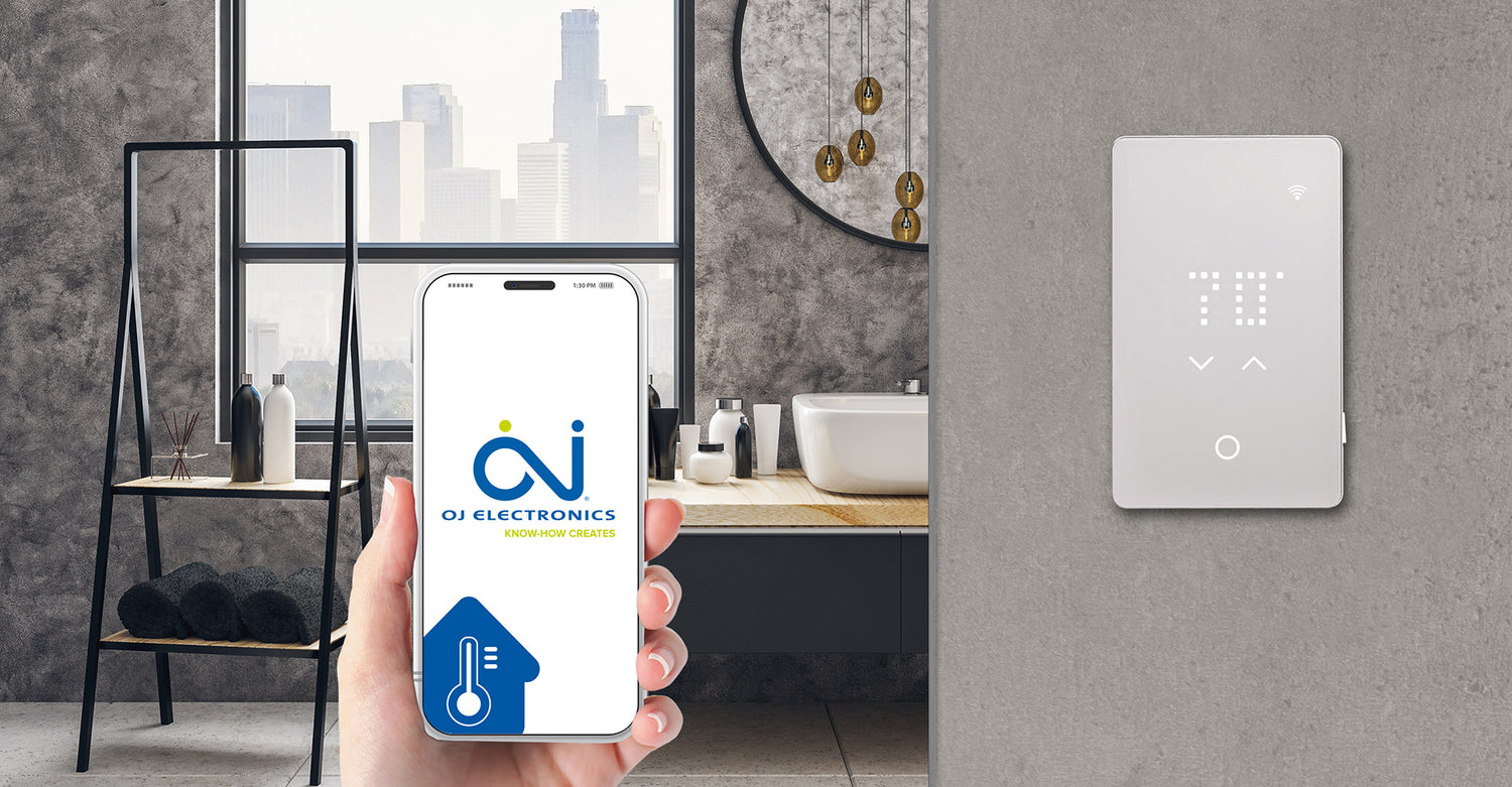 UWG5 smart thermostat on bathroom wall