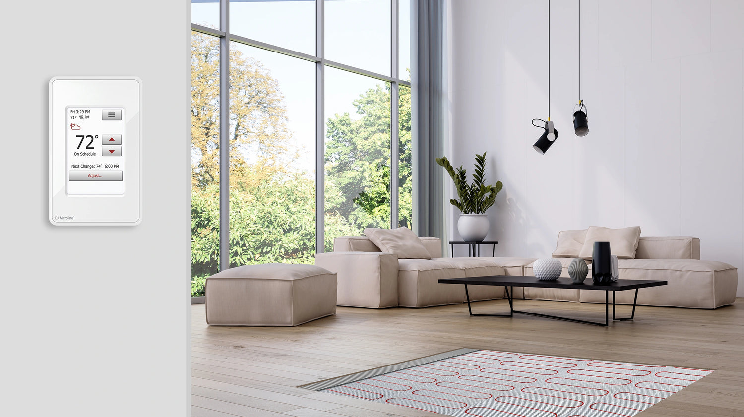 Cozy living room with electric floor heating installed and smart controller on wall