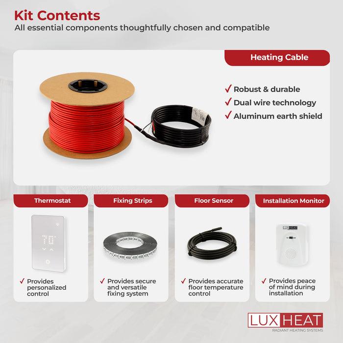 LuxHeat Radiant Floor Heating Cable System with Fixing Strips & WiFi LED Thermostat