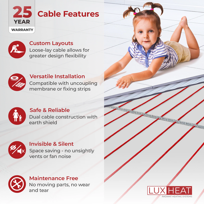 LuxHeat Radiant Floor Heating Cable System with Fixing Strips & WiFi LED Thermostat