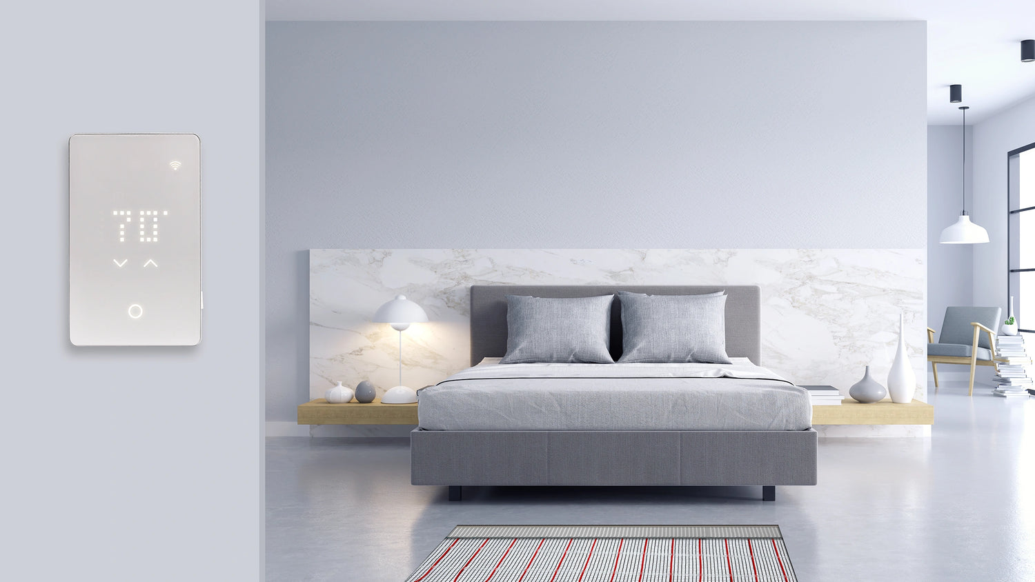Bedroom underfloor heating system with smart thermostat for even radiant warmth