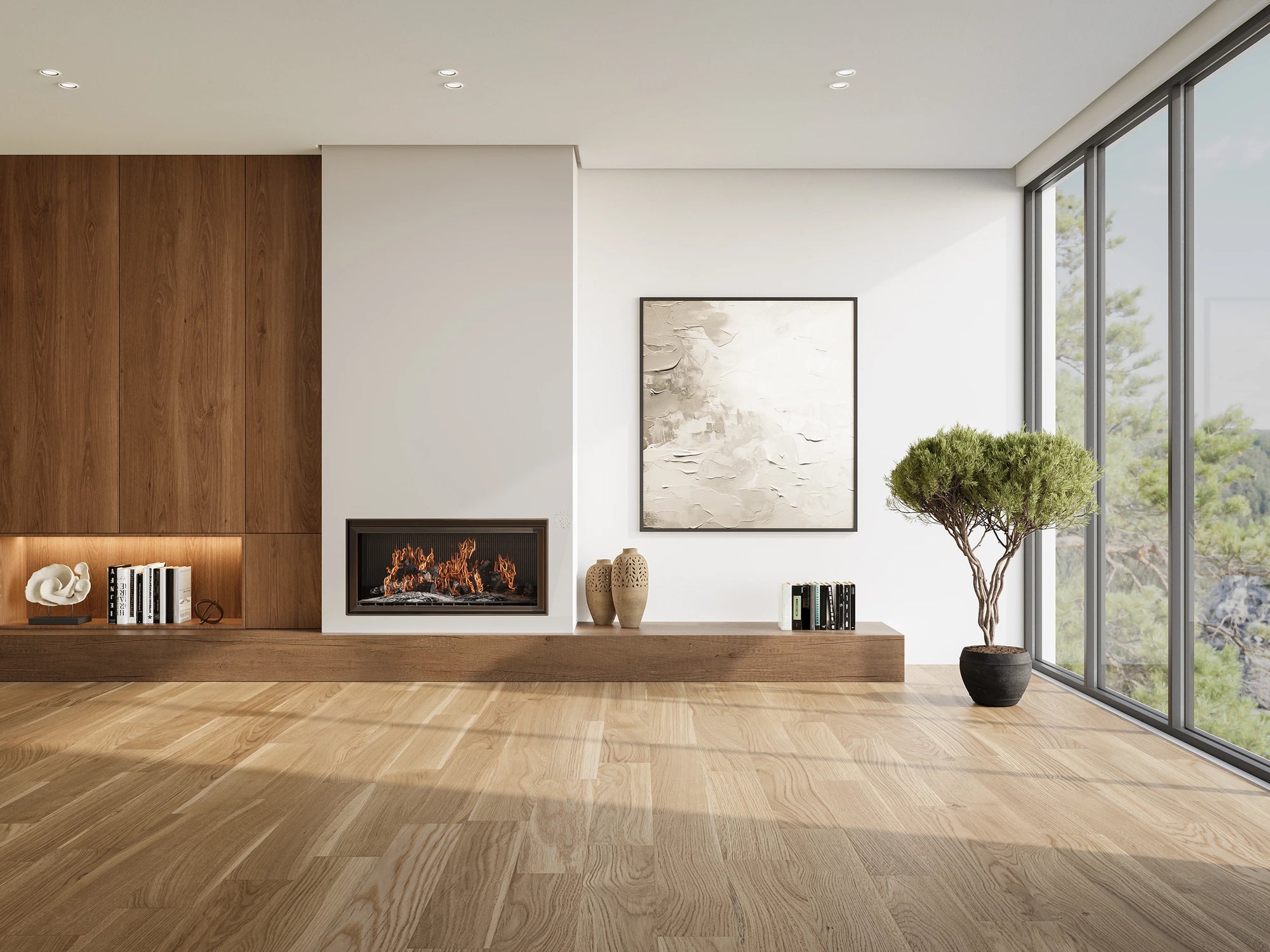 Modern, stylish living room with heated hardwood floors for ultimate luxury and comfort