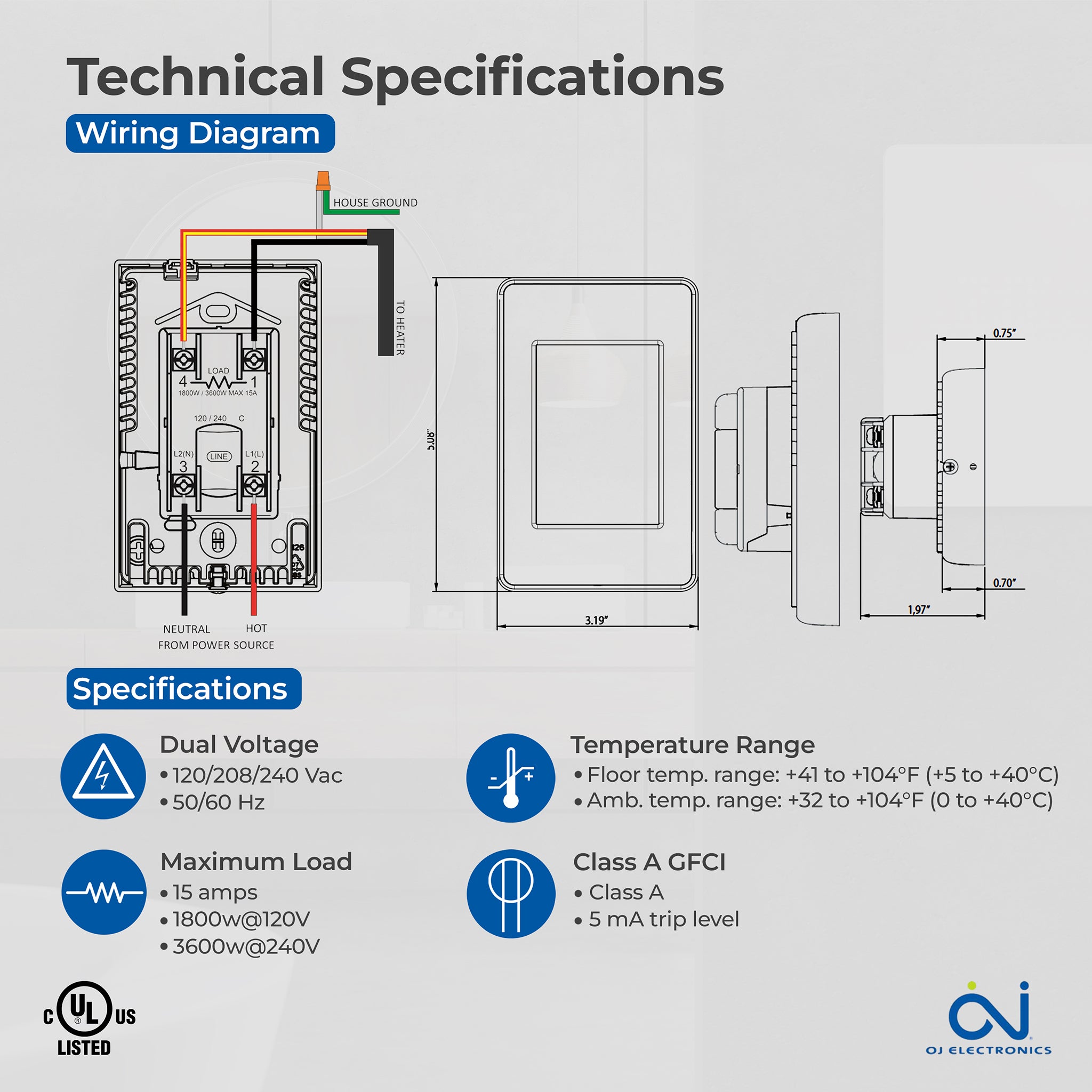 OJ Microline UWG4-4999 WiFi Programmable Radiant Floor Heating Thermostat – Touch Screen, GFCI, Dual Voltage (120V/240V), Dual Sensing (Air/Floor), Includes Floor Sensor, 3-Year Warranty