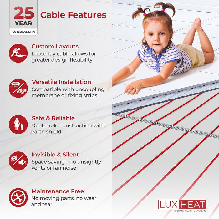 LuxHeat Radiant Floor Heating Cable System with Fixing Strips & Non Programmable Thermostat